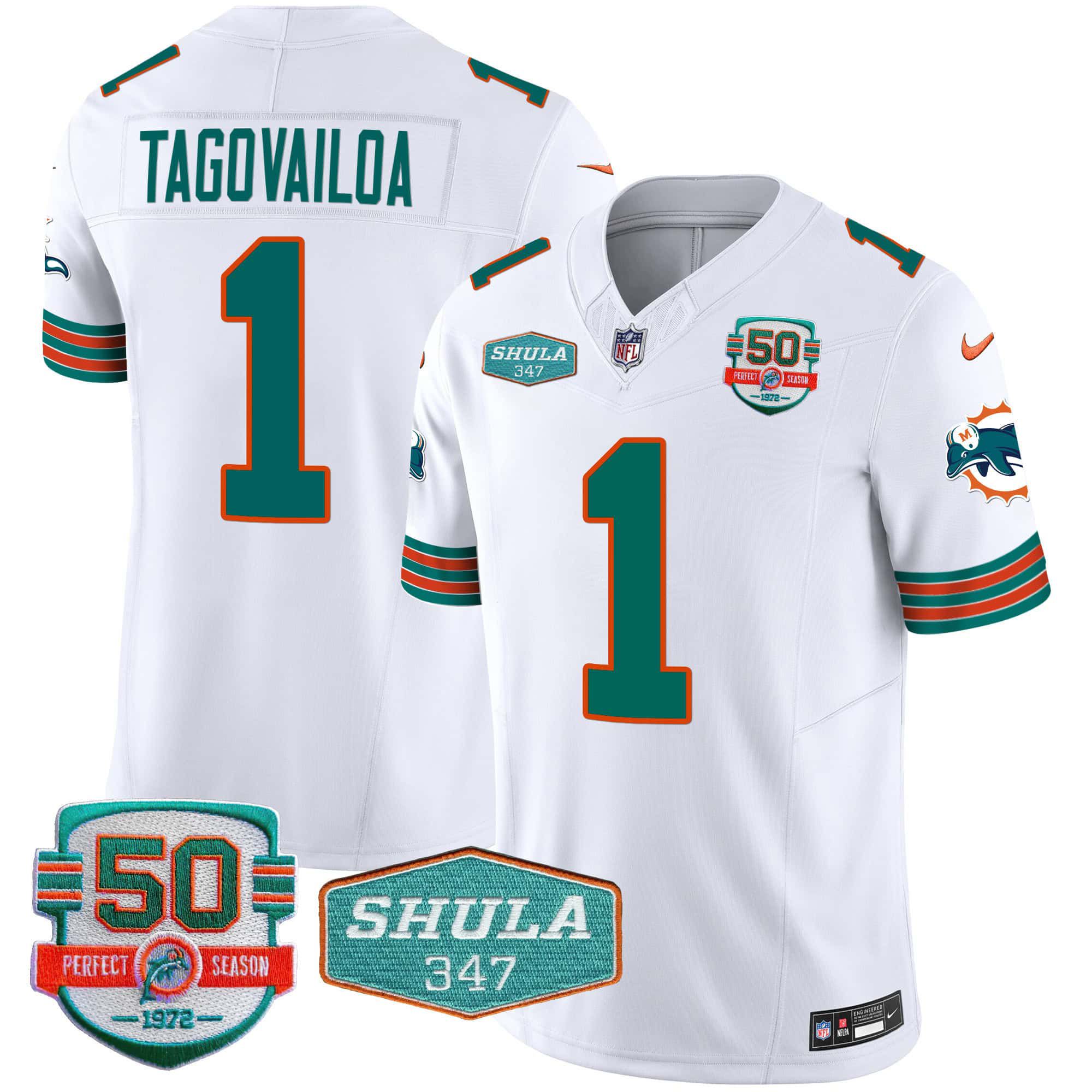 Men Miami Dolphins #1 Tagovailoa White 2024 Nike Throwback Shula 347 Patch Vapor NFL Jersey